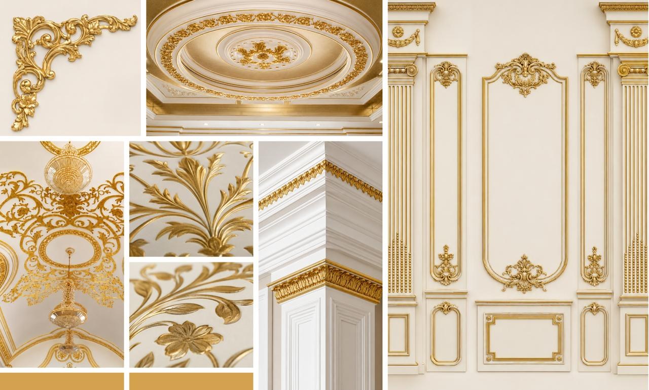 Gold-leaf detailing collage: ornate ceilings, cornices and wall panelling