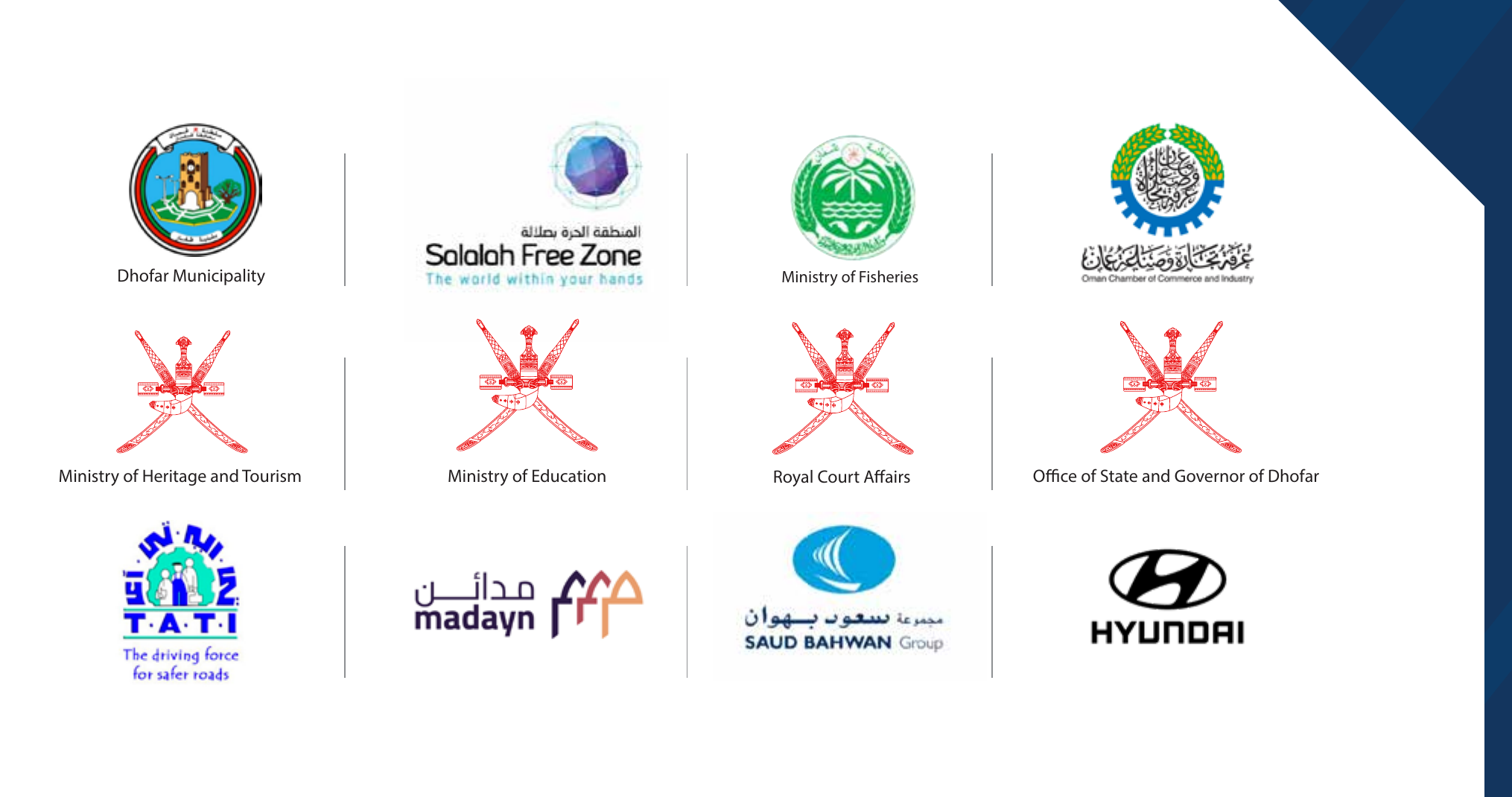 Clients served by MGP including Dhofar Municipality, Salalah Free Zone, Ministry of Fisheries, Oman Chamber of Commerce and Industry, Ministry of Heritage and Tourism, Ministry of Education, Royal Court Affairs, Office of State and Governor of Dhofar, TATI, Madayn, Saud Bahwan Group and Hyundai